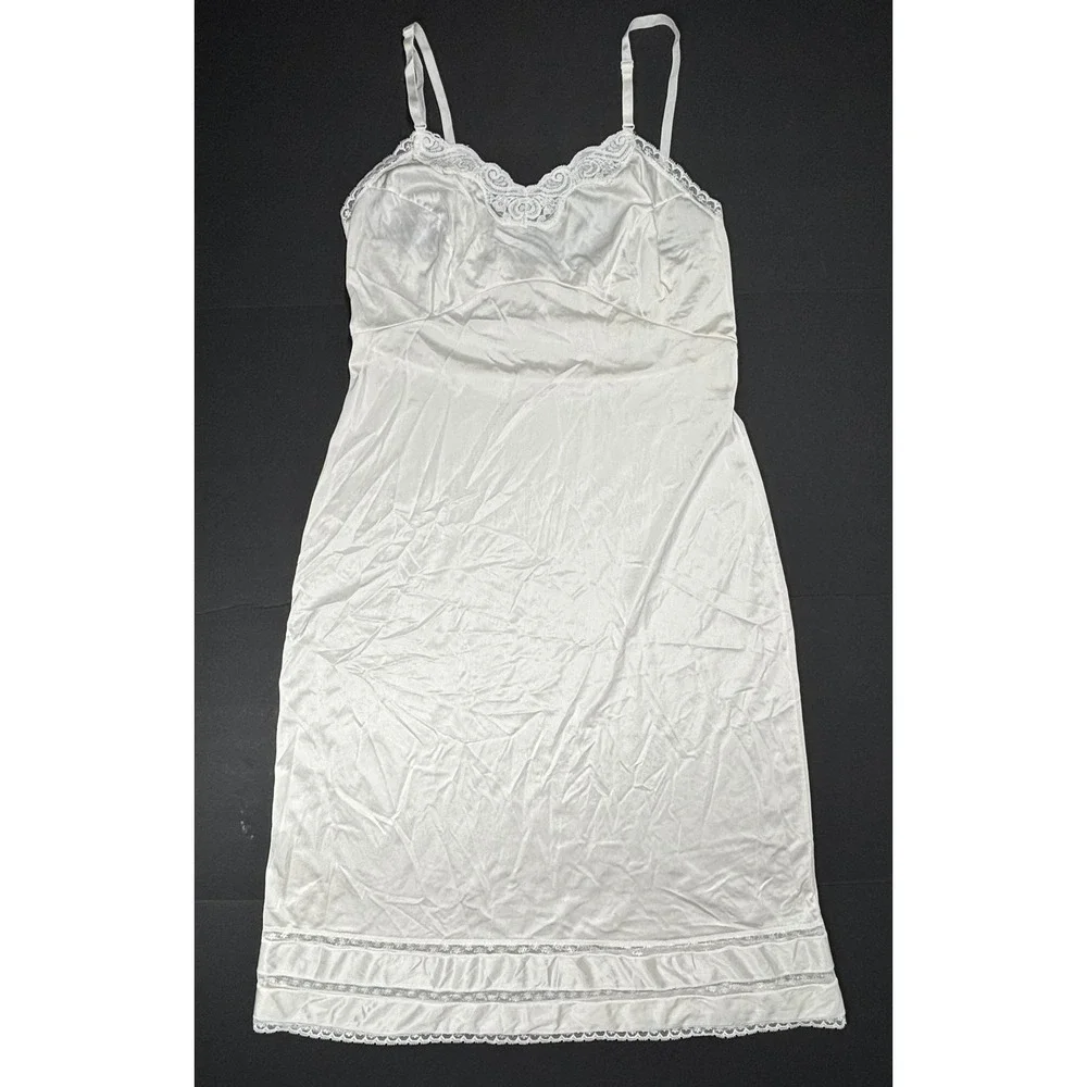Vintage Adonna JCPenney White Nylon Lace Trim Full Slip 38 Dress Grunge 90s EUC‎